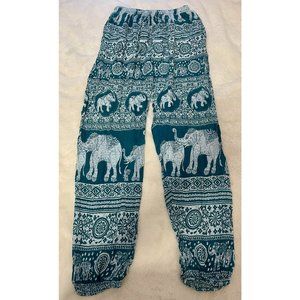 Elephant Print Size L/XL Nepal Teal Harem Pants with Pockets
